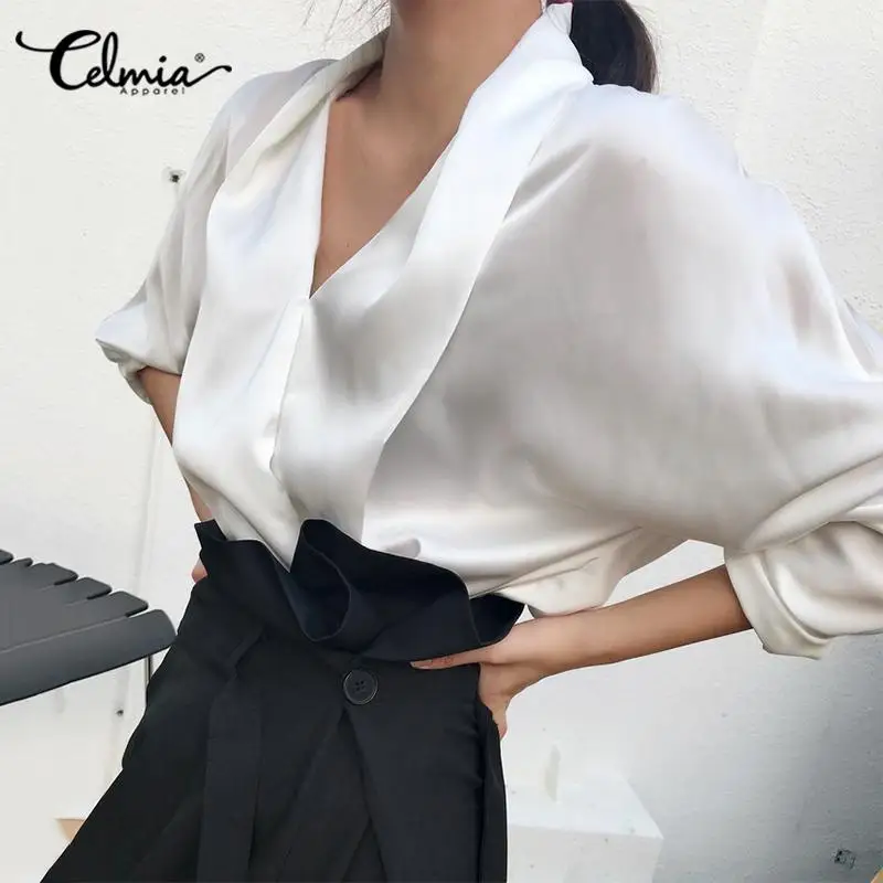 2021 элегантные атласные женские блузки Celmia сексуальные офисные рубашки с