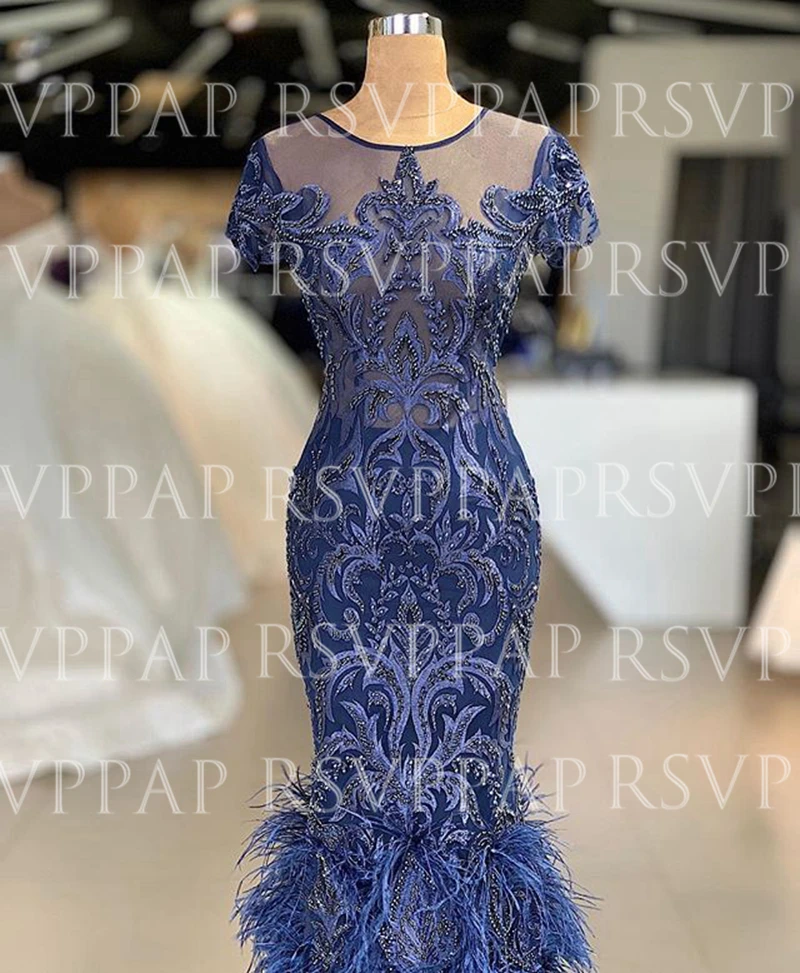 

See Through Sexy Long Evening Dresses 2020 Mermaid Short Sleeve Beaded Embroidery Navy Blue Lebanin Dubai Ladies Formal Gowns