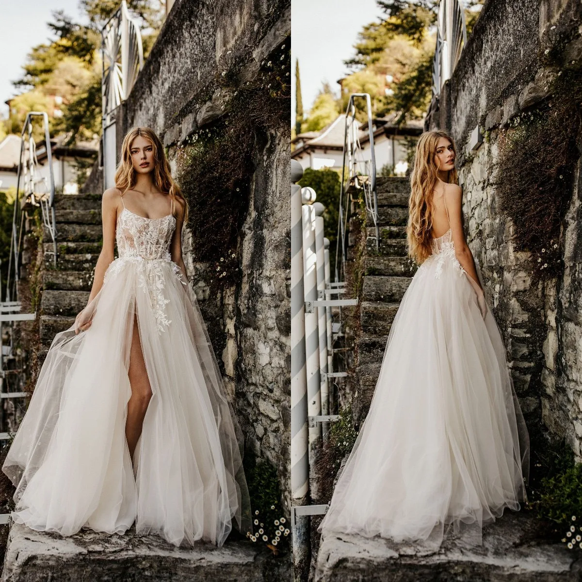 

Sexy 2022 A Line Wedding Dresses High Side Split Lace Appliqued Spaghetti Neck Bridal Gowns Country Boho vestidos de novia