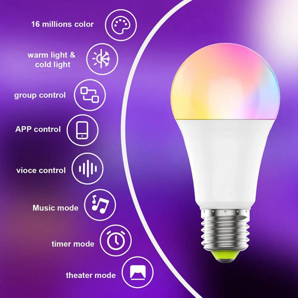 

WiFi Smart Light Bulb E27 LED Lamp AC100-240V RGB+Cool+Warm White Colorful Changing Work With Alexa Google Home Time Mode