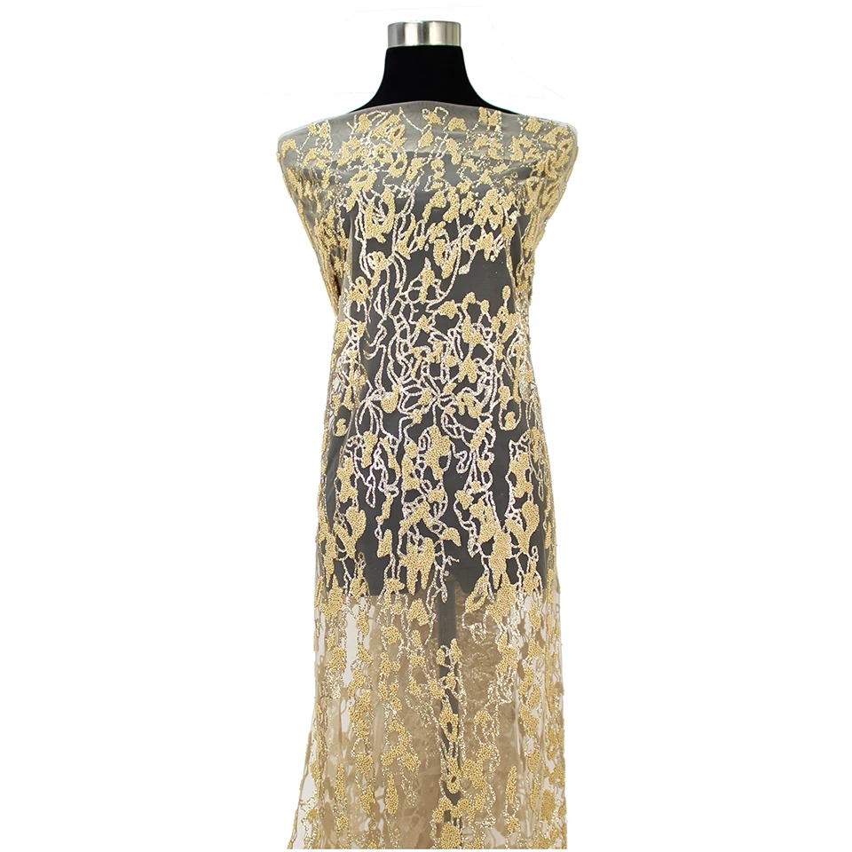 

Wholesale High Quality African Mesh Heavy Beaded Lace Fabric for Sewing Clothes Women Glitter Sequin Party Night Dress Material