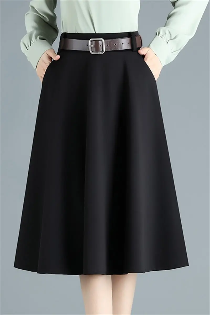 A-line Fashion Skirt Spring Autumn New Slim Belt Black High Waist Umbrella Skirts Women Elegant Jupe Femme With Lining K1253 | Женская