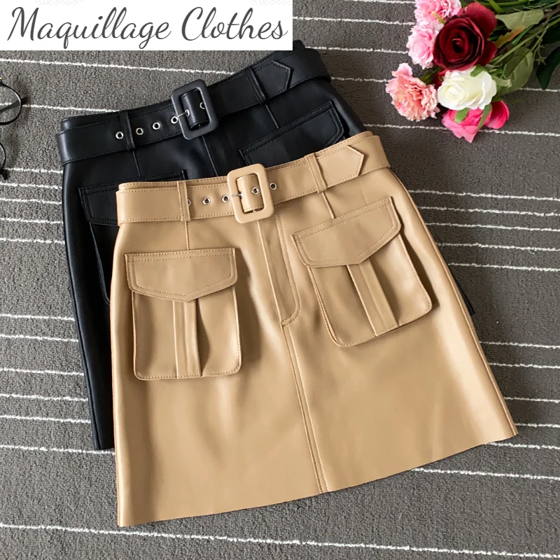 

2021 Autumn Women's high quality Sheepskin Real leather Pockets Skirts Chic women genuine leather high-rise skirt C238