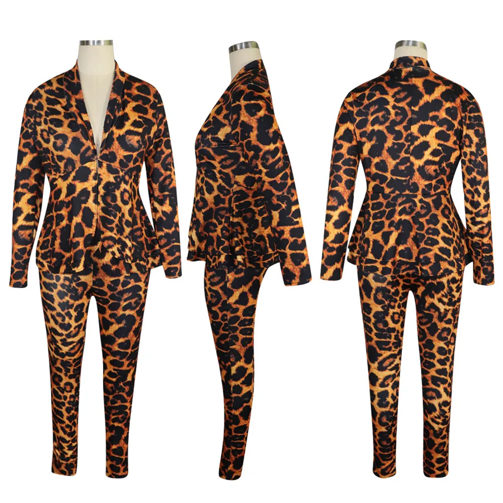 

Autumn Winter Women's Set Leopard Print Long Sleeve Ruffles Jacket Pant Suits Office Lady Night Club 2 Piece Outfits Conjunto