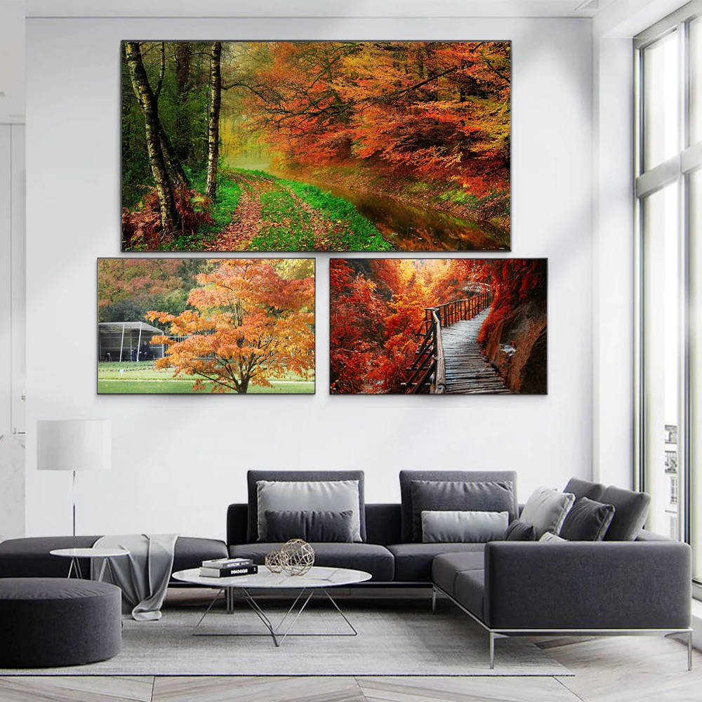 

Nordic landscape oil painting red maple leaf path art canvas painting living room corridor office home decoration mural