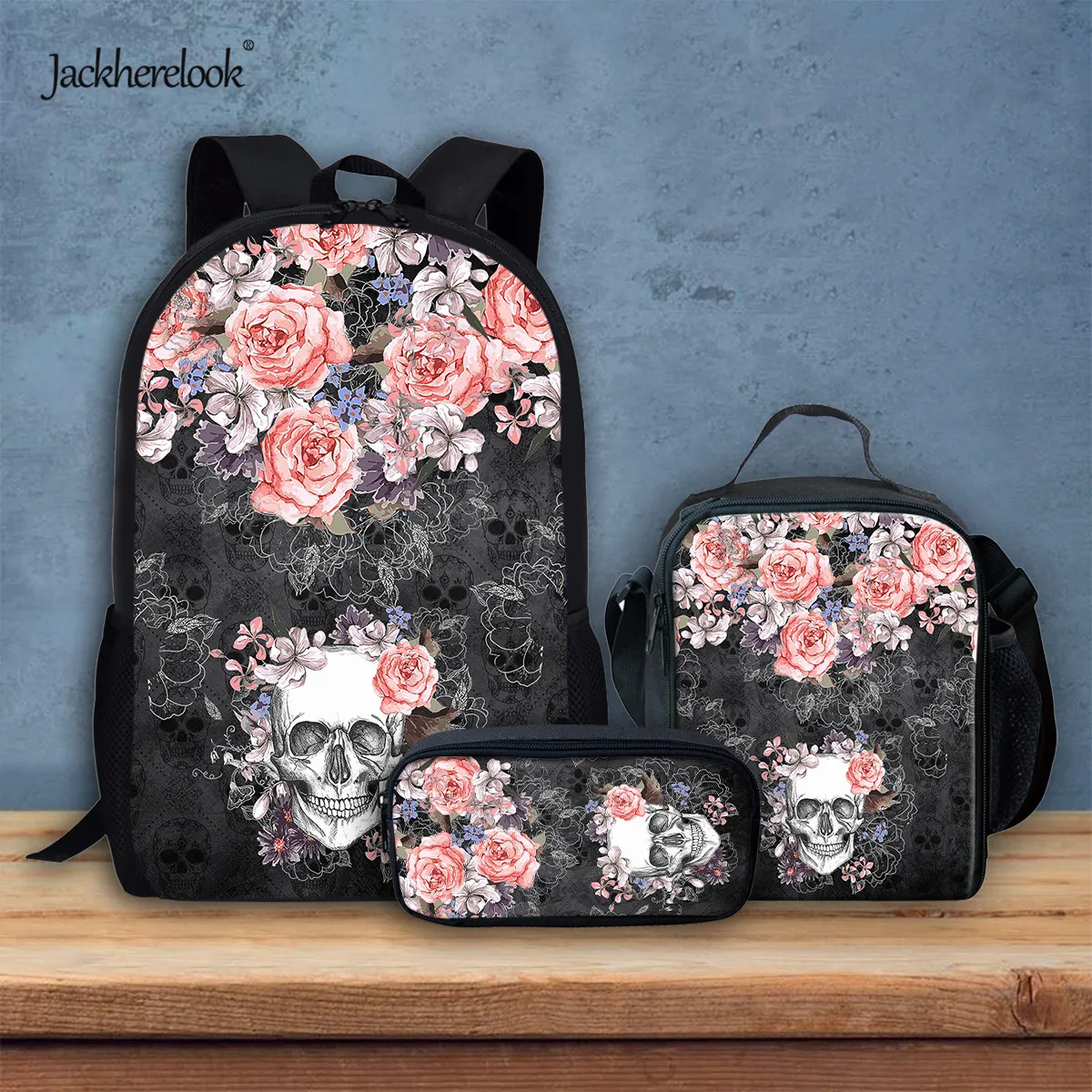 Jackherelook крутой школьный рюкзак с рисунком черепа розы наборы для девочек прочный ланч-карандаш школьные сумки 3 шт./компл. Mochila