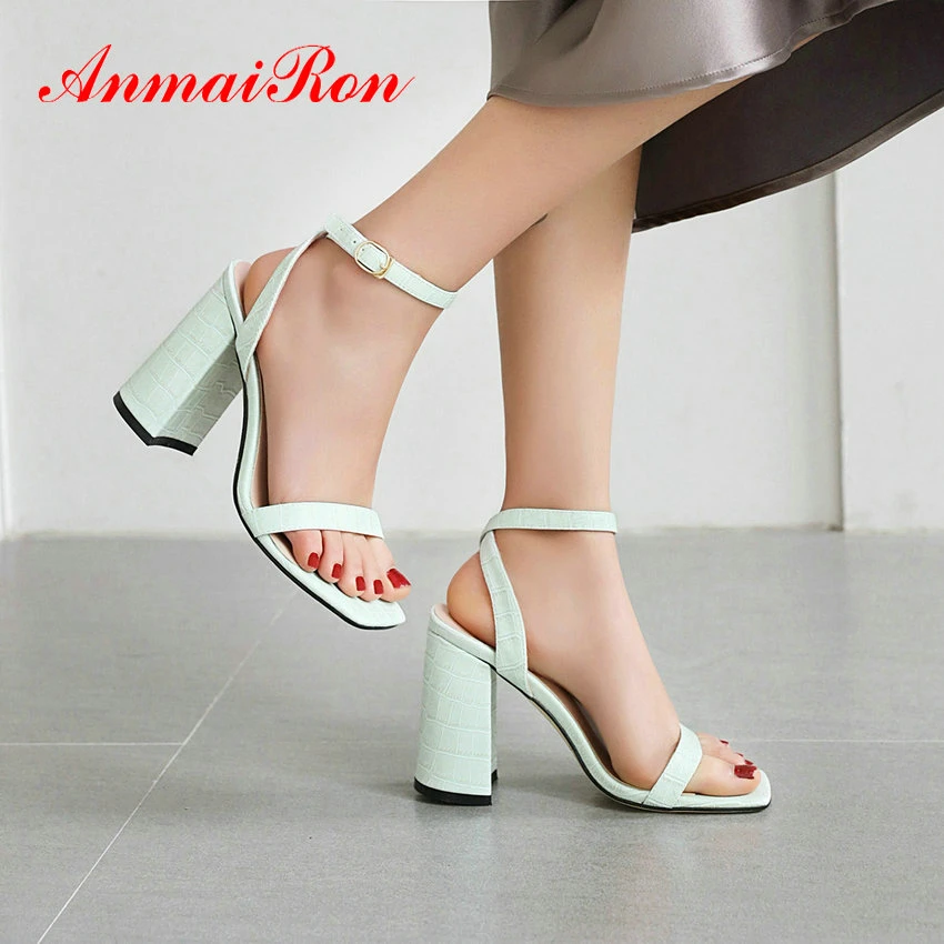 

ANMAIRON Solid PU Buckle Strap Womens Shoes Ankle-Wrap Wedding Back Strap Women Sandals Square Heel Sweet High Heel Sandals