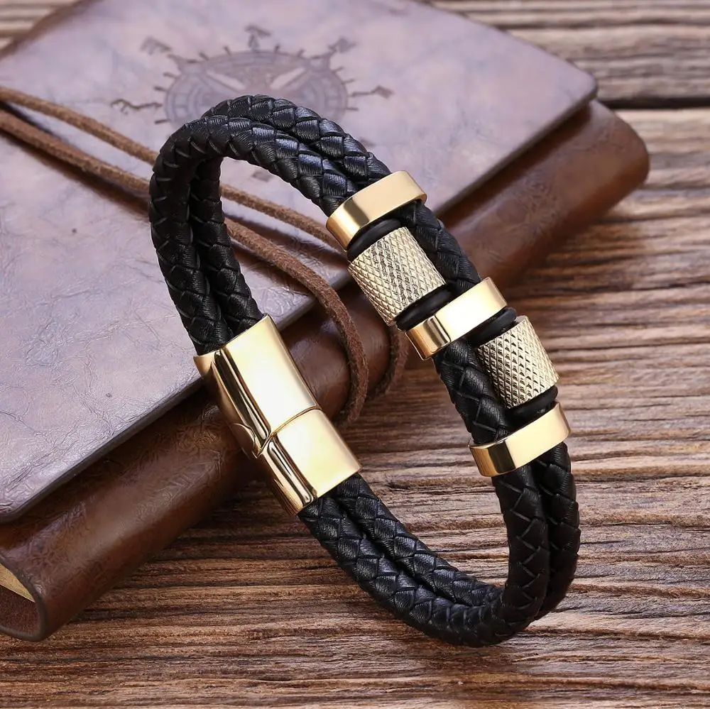 

TANGYIN Irregular Pattern Shape Men's Fashion Stainless Steel Leather Bracelet 3 Colors Classic For Handsome Boys Birthday Gift