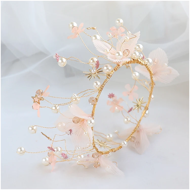 NiuShuya Bridal Headdress Korean Handmade Pink LaceFlower Round Crown Wedding Dress Hair Accessories Princess Tiaras | Украшения и