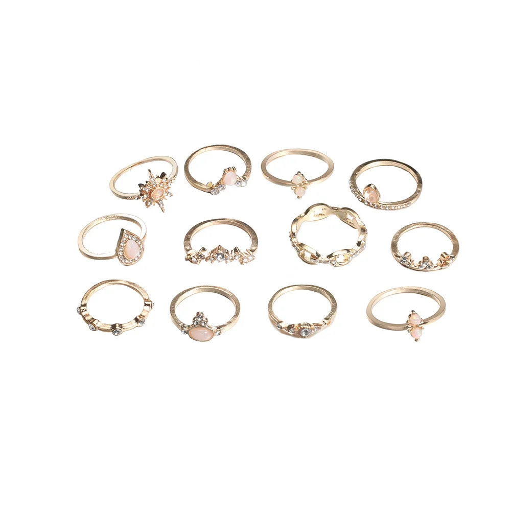 

12pcs Knuckle Ring Crown Water Drop Imitation Opal Rhinestone Inlaid Ring 12 Piece Set Ring Bracelet For Women's Jewelry Gifts