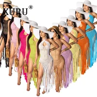 xuru european and american womens new style dress long fringed woven dress two wear method fringed bohemian beach dress