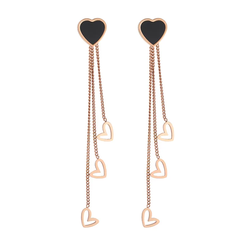 

JIOROMY New Arrival Jewelry Fashion Titanium Steel Black Love Earrings For Women Dangle Hearts Tassels Drop Earring
