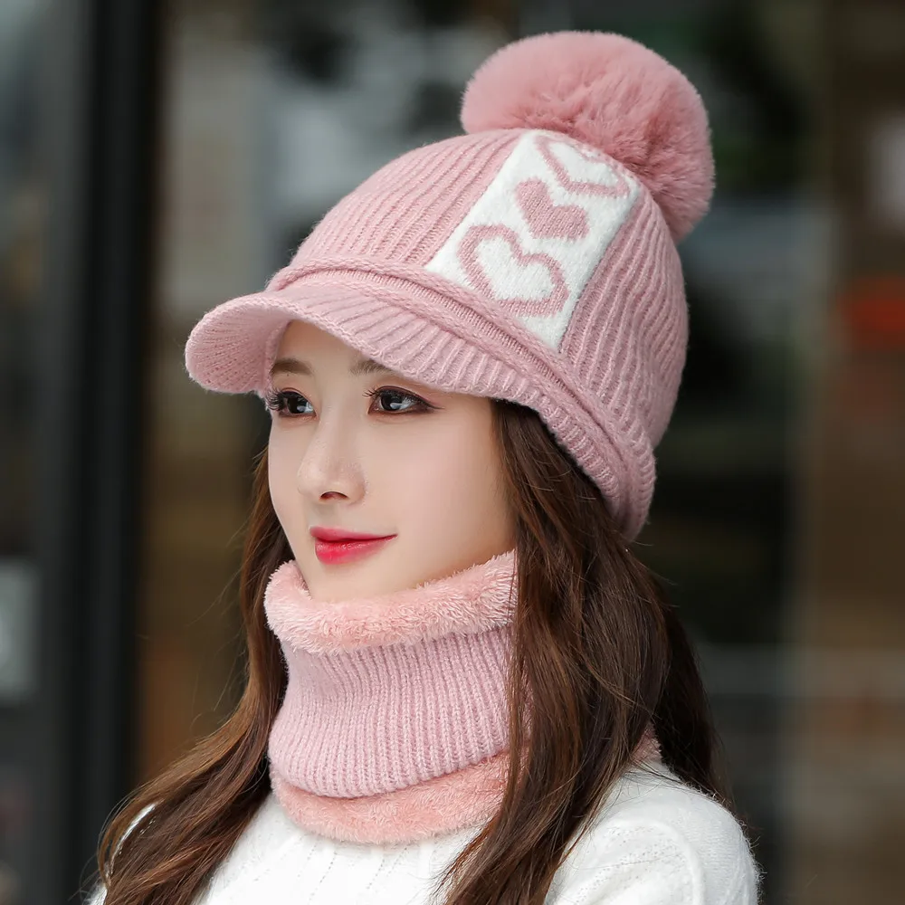 

New Winter Hat Rabbit fur Keep Neck Warmer Hat Set Thick Beanie Cap Casual Winter Hats For Women Add Fur Lining Warm Knitted Hat