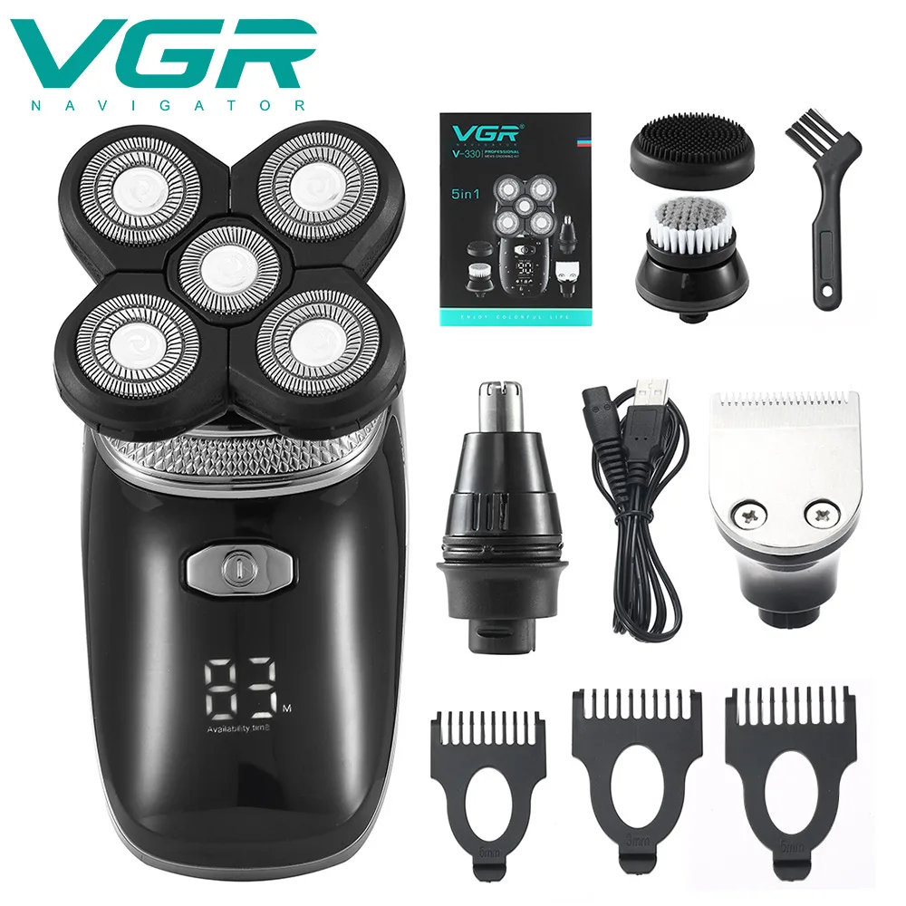 

VGR Multi-functional 5-in-1 Razor Rechargeable Five-knife Electric Trimmer Razor Body Wash LCD Display Nose Hair Removal V-330