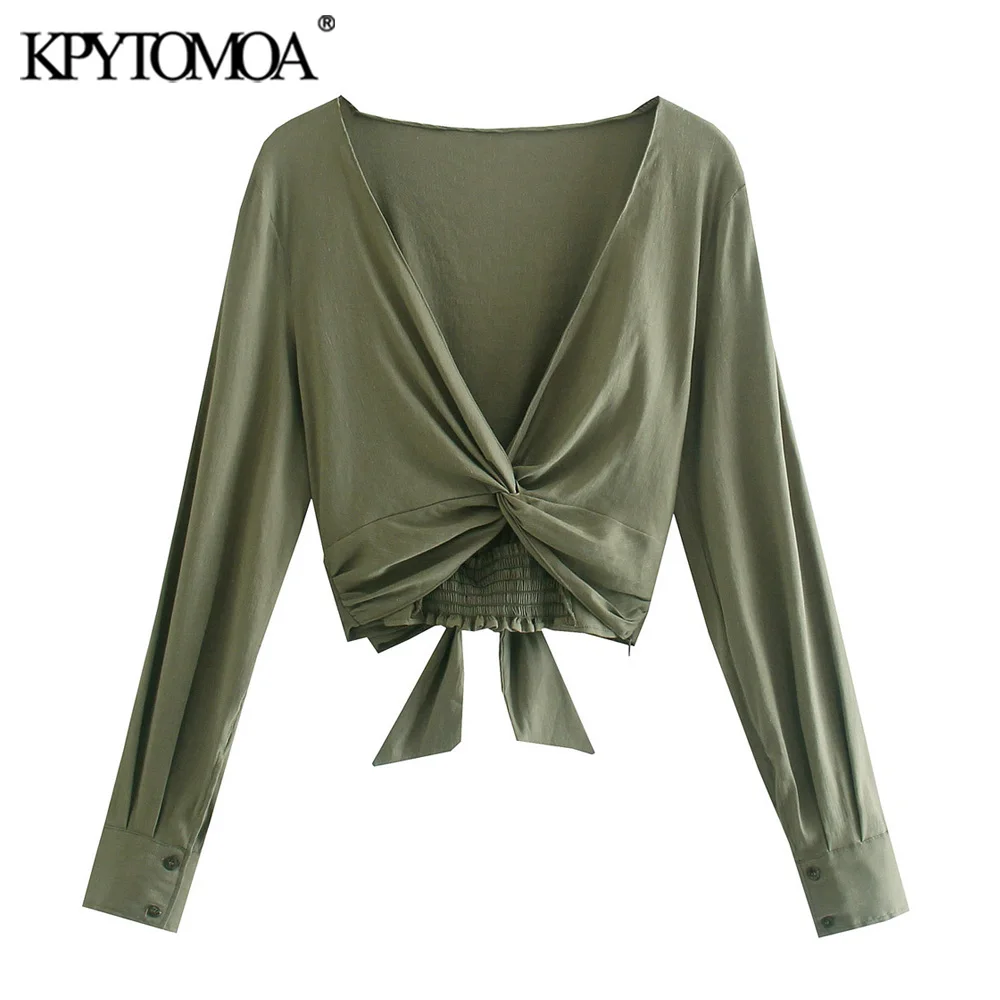 

KPYTOMOA Women 2021 Sexy Fashion With Knotted Cozy Cropped Blouses Vintage Long Sleeve Back Bow Tied Female Shirts Chic Tops