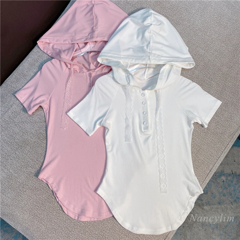 

Hooded T Shirt Women Tight Stretch Tee Shirts Female 2021 Summer New Korean Fashion Sun Protection Solid Color Top Slim