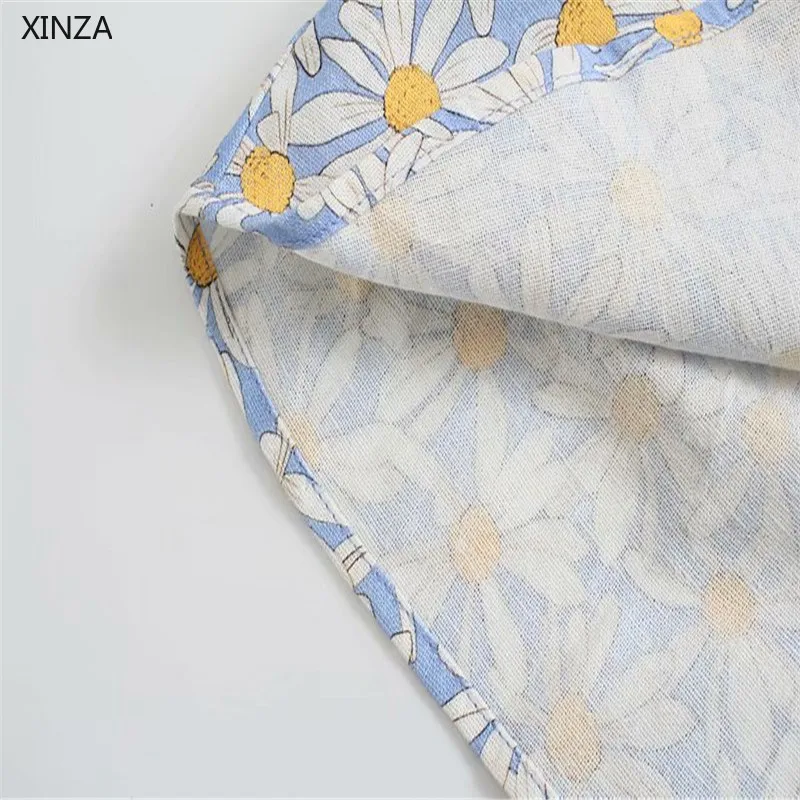 

Women Linen Print Summer Shirt Za 2021 Short Sleeve Cropped Blouses Chic Patch Work Button Up Vintage Top Woman Blue Shirts