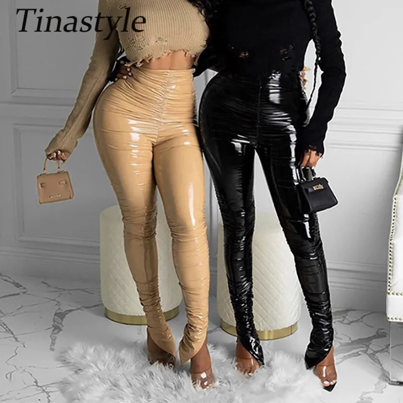 

Женские облегающие брюки-карандаш Tinastyle, черные леггинсы из искусственной кожи с высокой талией и разрезом, зимние леггинсы в уличном стиле,...