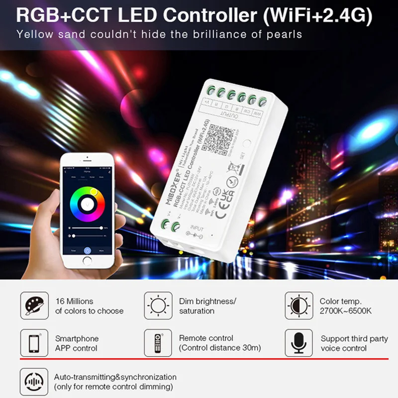 Dimmable Smart RGB + CCT LED Controller DC12V 24V 2.4G Remote Wireless WiFi Voice APP Control Music Dimmer Total Output Max 12A