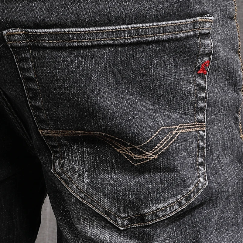 European Vintage Fashion Men Jeans Retro Black Gray Elastic Cotton Slim Fit Ripped Jeans Men Distressed Designer Denim Pants