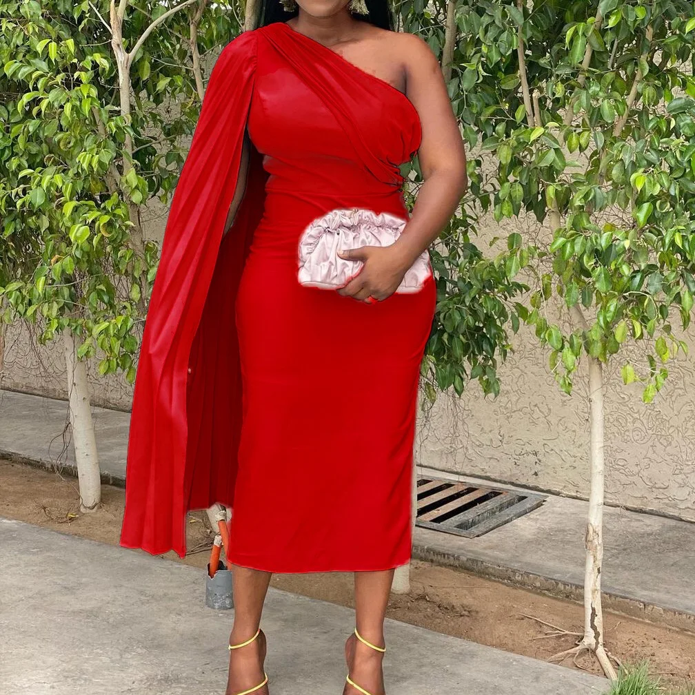 Elegant Red Dress Women For Wedding Party Bodycon One Shoulder Solid Fashion Mid Calf Temperament Commuter Vestidos  Dress Midi
