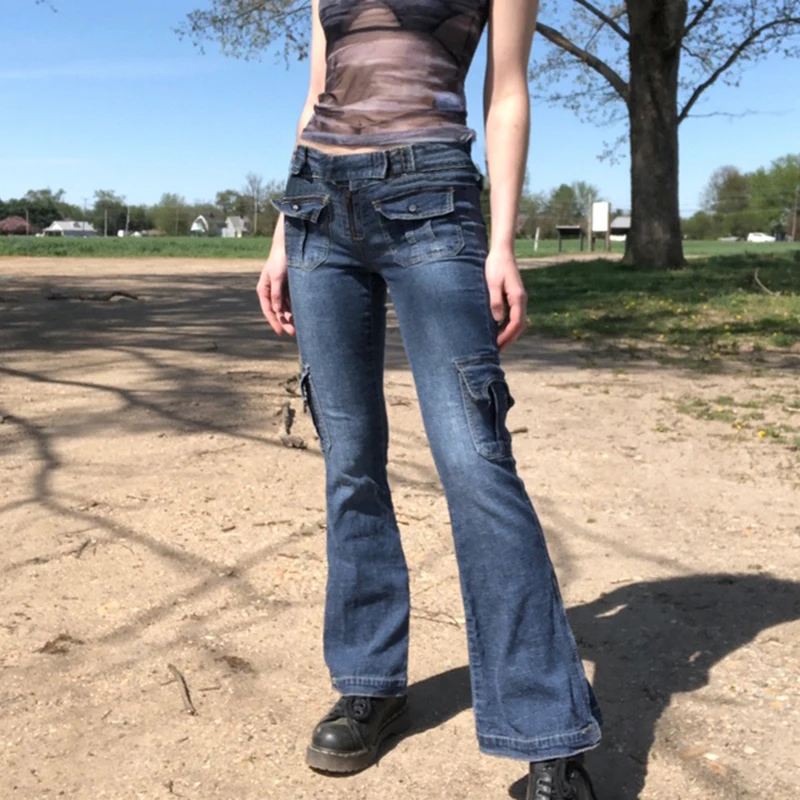 

Female Classic Split Jeans High Waist Solid Color Vintage Washed Wild Casual Slim Fit Cargo Pants Adults Daily Street Trousers