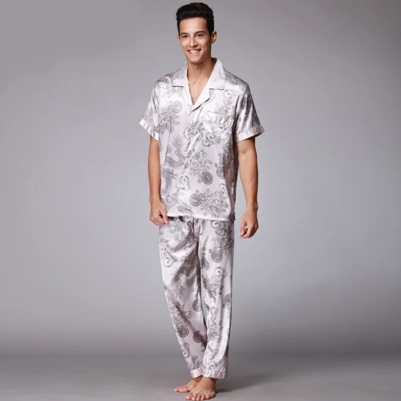 Ночная рубашка брюки пижамный комплект Мужская пижама с коротким рукавом весенняя ночная рубашка халат шелковая домашняя одежда от AliExpress WW