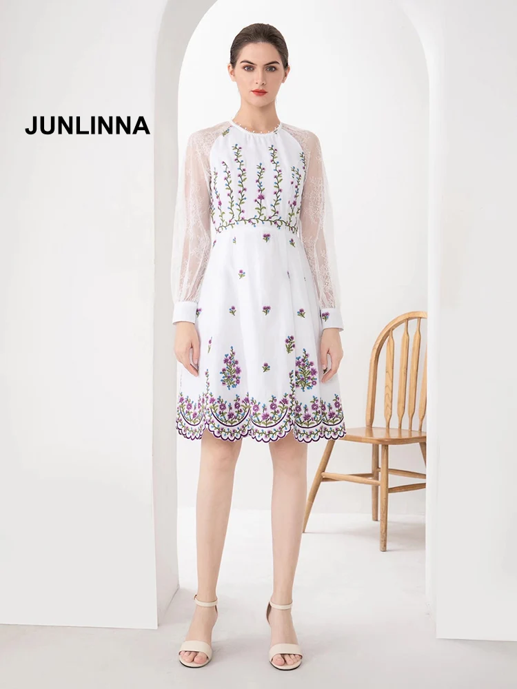 

JUNLINNA Cotton Linen Women Embroidery Dress Crew Neck Long sleeve Lace Patchwork Princess Dresses Spring New High Street Wear