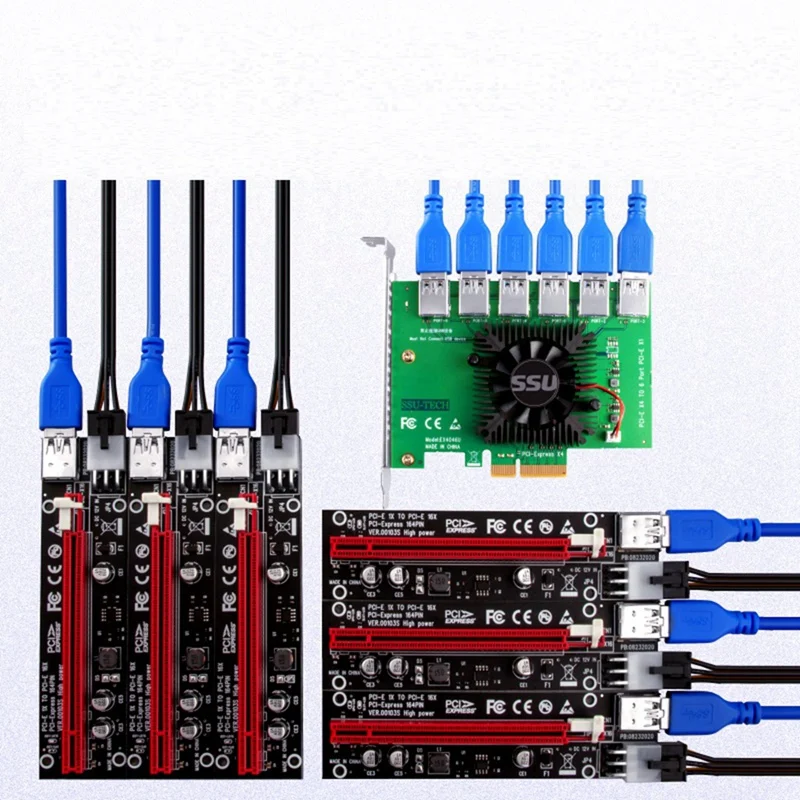 

PCIE Riser PCI-E 1 to 6 Riser Card PCI Express X16 Extender 0.6M USB 3.0 Cable SATA to 6Pin Power for Video Card