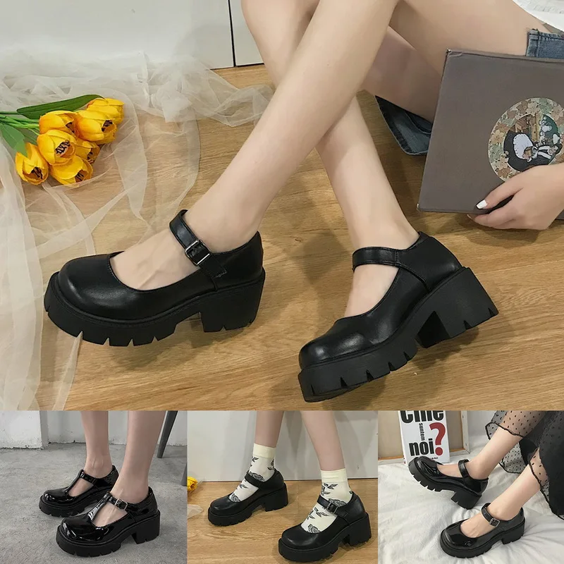 

Girls New Shoes Lolita Cute Wedge High Heels Thick Bottom Cosplay PU Leather Punk Platform Fashion Waterproof Shoes For Women