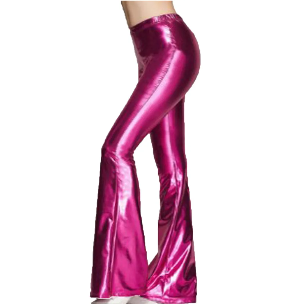 Женские блестящие брюки клеш с металлическим блеском однотонные женские высокой