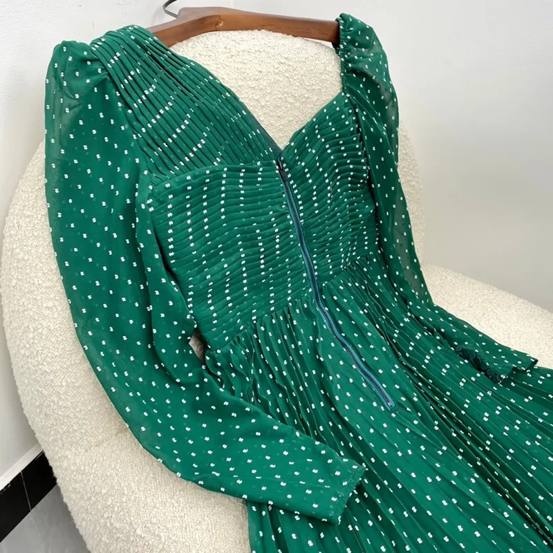 

2021 Spring Womens Top Quality Sexy Polka Dot Green Pleat Midi Dresses