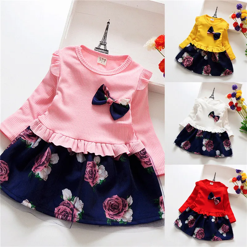 

Spring Autumn Toddler Girl Dress Print Bow Knot Long Sleeve Baby Dress Floral Casual Kids Dresses Girls Fashion Clothing Clothes