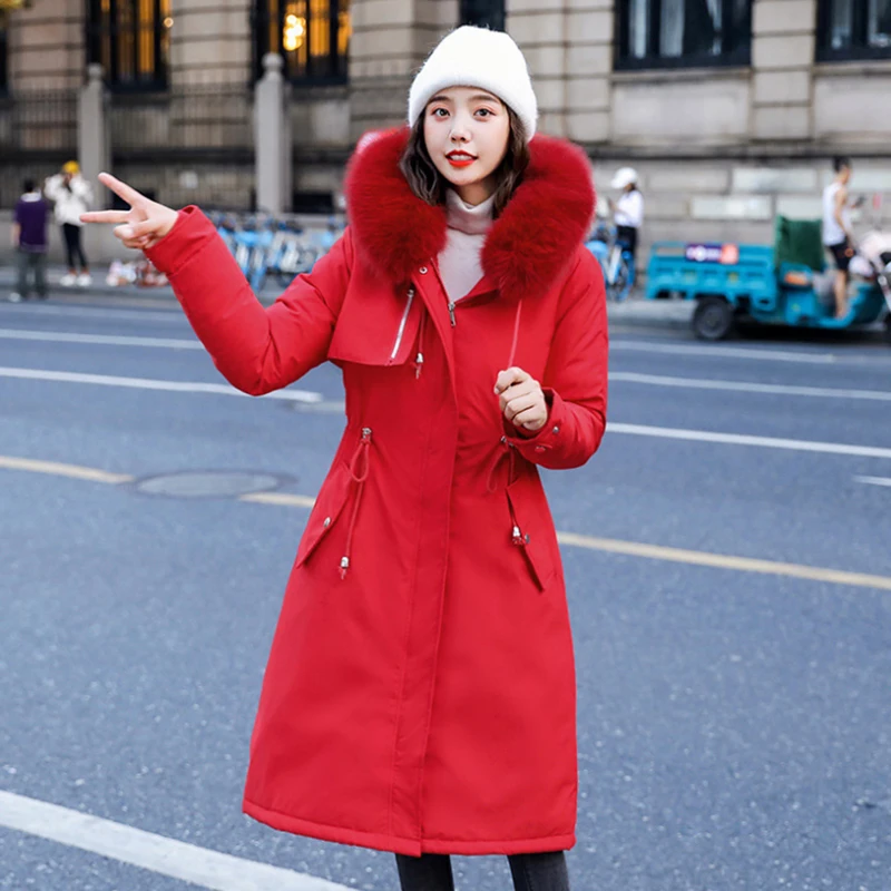 

Fashionable Warm Cotton Liner Hooded Down Parkas Coat Winter Jacket Women Adjustable Waist Fur Collar Jacket Parka 2020 New
