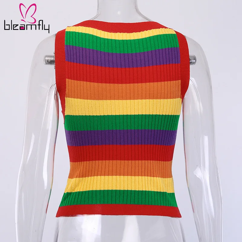 Новинка Зима-осень Женский вязаный свитер в радужную полоску без рукавов с