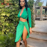 za new women fashion lapel long sleeve green knot decoration cropped blouses high split skirts outfits 2021 fall tracksuits