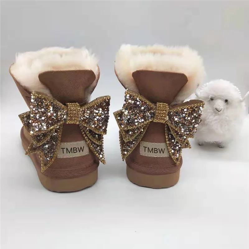 Blinging/; красивые женские зимние ботинки из натуральной овечьей кожи с бантом; женские ботинки на натуральном меху; теплые зимние ботинки с шерстью