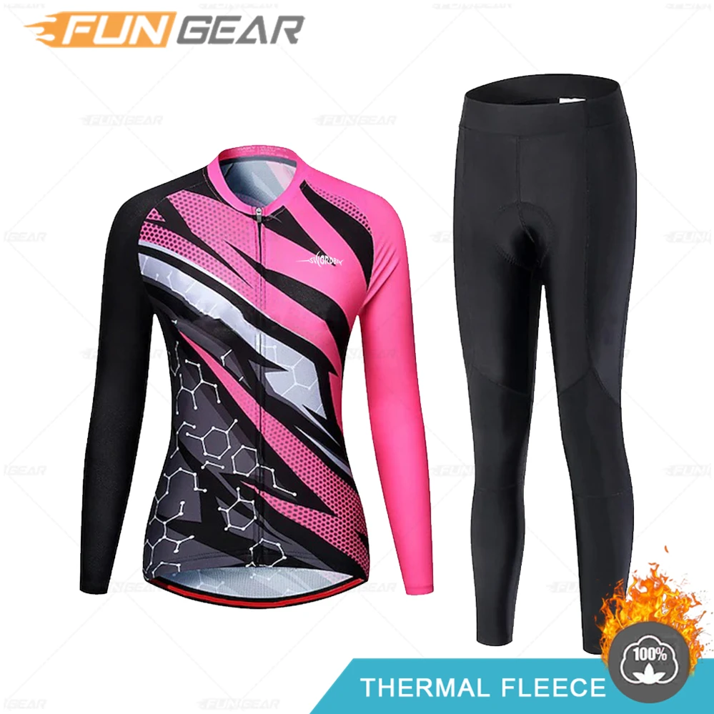 Women Thermal Cycling Clothing Set Jersey Suit Mountain Bike Riding Long Sleeve Sportswear Gel Pants Winter Warm Sets 2022