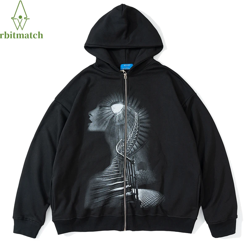

2021 Men Hip Hop Streetwear Hooded Jacket Portrait Double Shadow Ladder Print Cotton Fleece Winter Coat Harajuku Outwear Zipper