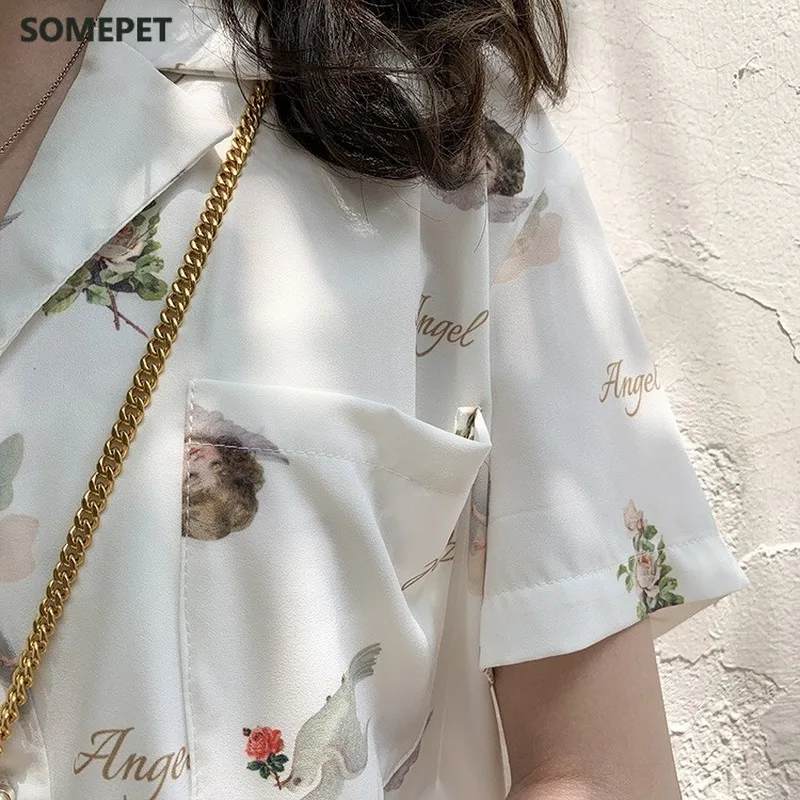 

Angle Pattern Print Blouse Women Vintage Korean Womens Shirt Summer White Leisure Loose Tops Women Fashion Shirts blouses