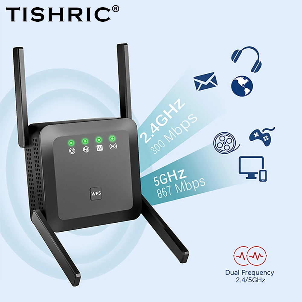 

Беспроводной ретранслятор TISHRIC, маршрутизатор Wi-Fi 5 ГГц, усилитель сигнала Wi-Fi 1200 Мбит/с, ретранслятор Wi-Fi большого радиуса действия, увеличивает диапазон Wi-Fi