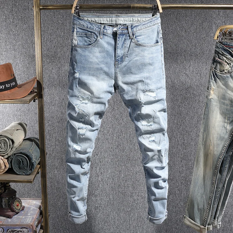 Мужские рваные джинсы, Эластичные зауженные брюки-карандаш в Корейском стиле, уличная одежда в стиле хип-хоп
