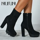 Женские ботильоны NIUFUNI 2021, осенние ботинки на платформе с круглым носком, модная черная замшевая обувь на высоком каблуке Botas Mujer