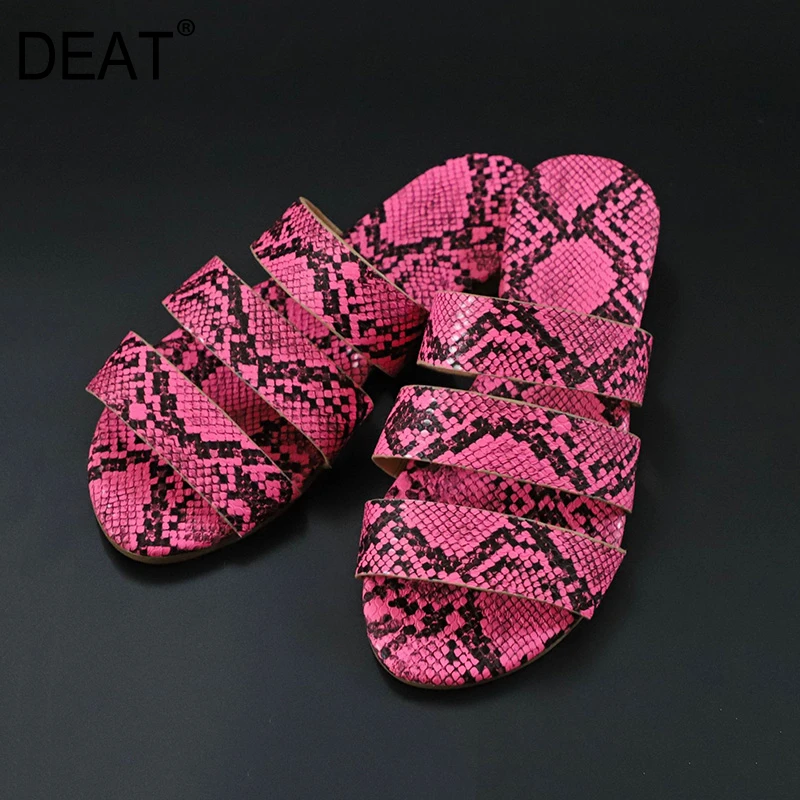 DEAT/Повседневные тапочки на плоской подошве с круглым носком змеиным узором в
