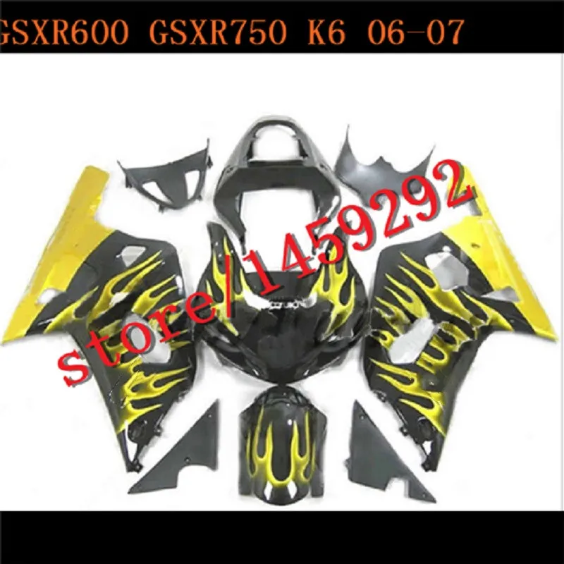 

New ABS Fairings Kit Fit for Suzuki 2006 2007 GSX-R600 GSX-R750 Fairings set GSXR 600 750 K6 K7 06 07 black yellow flames