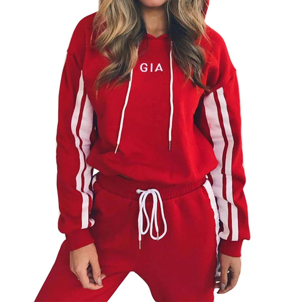 autumn two piece set Women Casual Colorblock Striped Hooded Long Sleeve Crop Tops+long Pants Running Workout Fitness Sports Suit