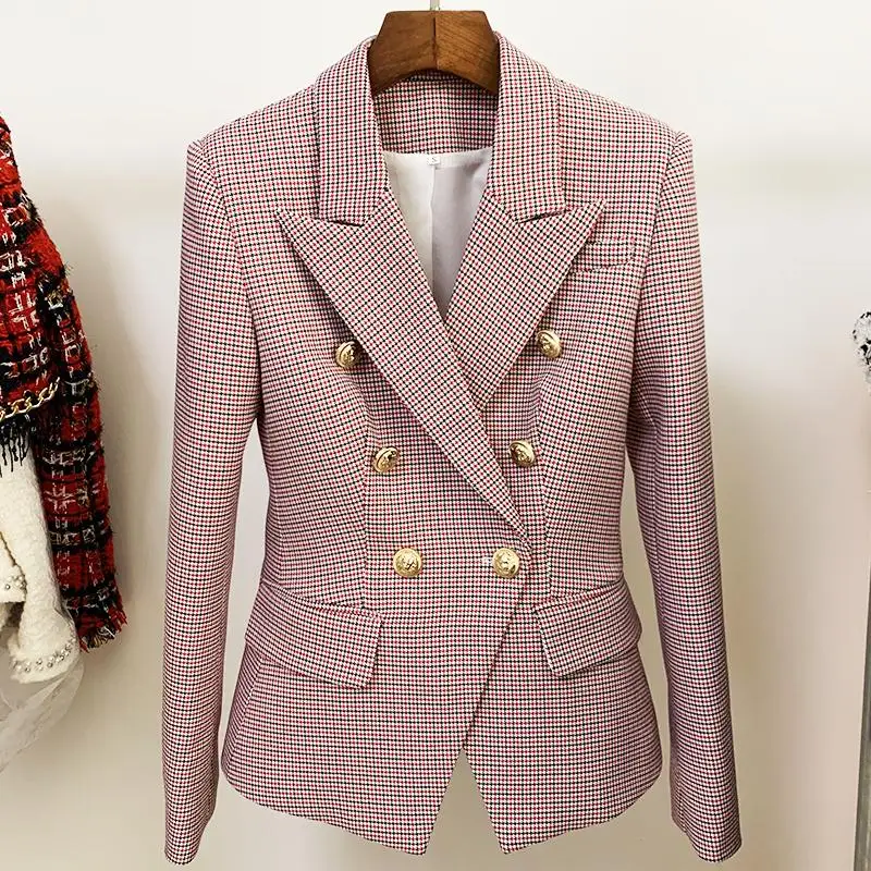 

Designer jacket female classic double-breasted thin metal buttons fitted houndstooth suit jacket high street latest style 2021