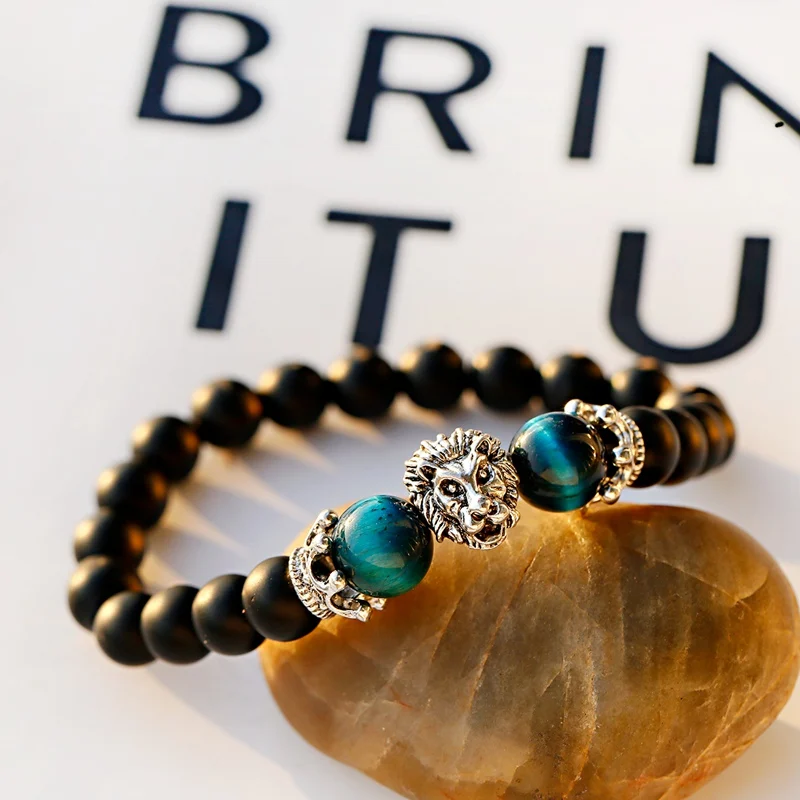 OIQUEI 2020 Charms Tiger Eye Stone Men Bracelet Classic Black Natural Lion Head Beaded Bracelets Hommes Pulseira Masculina | Украшения и