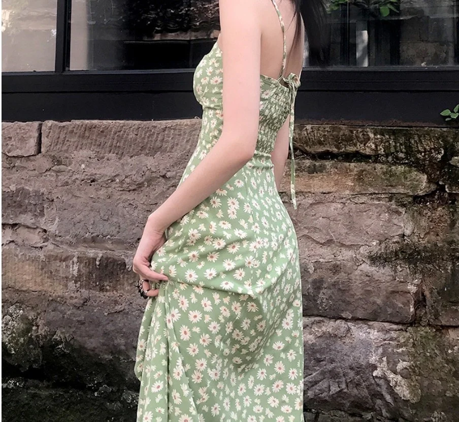 

BKFSHOP Western Style Ins Internet Celebrity Paragraph Temperament Printed Slit Dungaree Dress Resort