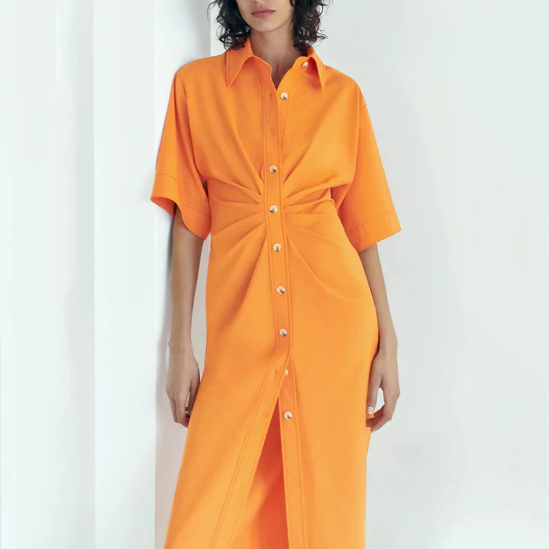 

HWLZLTZHT summer dress women high street vintage print lapel folds party shirt dress vestidos de fiesta de noche vestidos